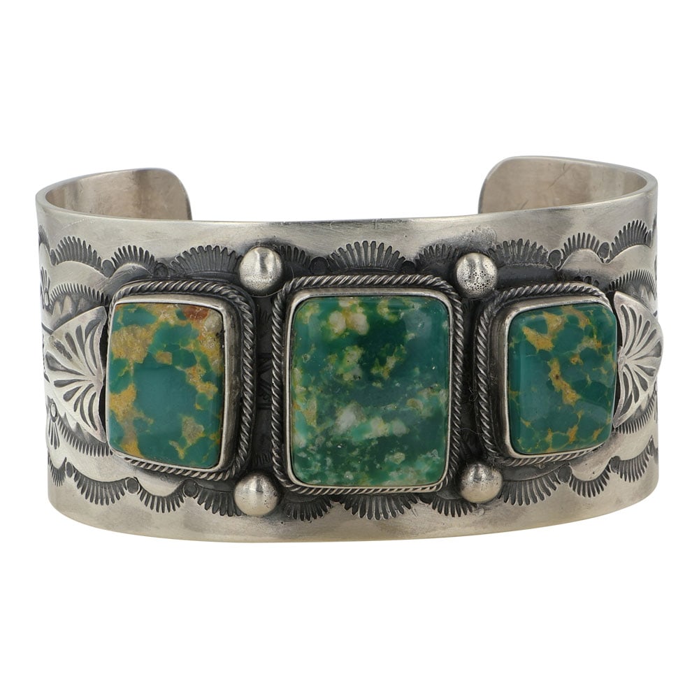 Ray Bennett Navajo Fox Turquoise Stamp Work Detailed Large Cuff Bracelet (1 of 3)