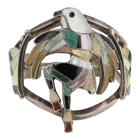 Vintage Zuni Turquoise Coral Mother of Pearl Acoma Jet & Shell Inlay Bracelet