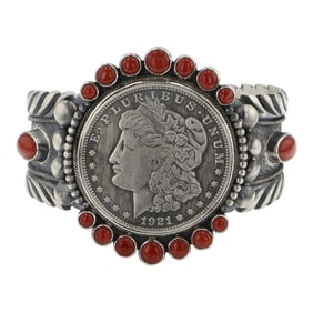 Mark Yazzie Navajo Ox Blood Mediterranean Coral & Morgan Dollar Intricate Detailed Bracelet