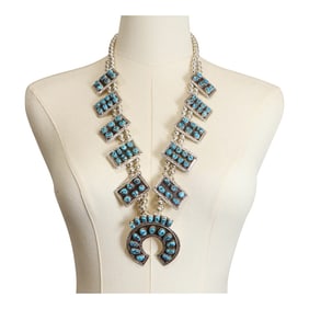 Navajo Kingman Turquoise Squash Blossom Necklace