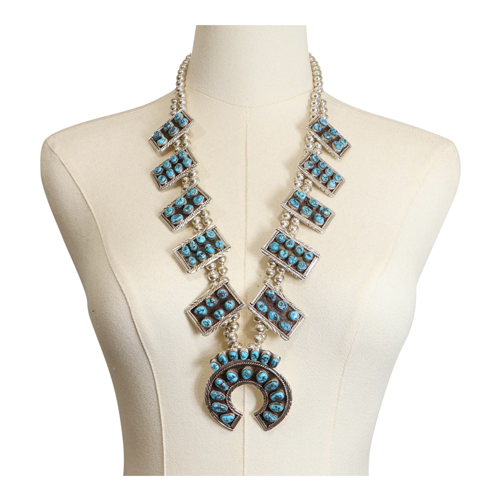 Navajo Kingman Turquoise Squash Blossom Necklace: Sterling Silver | Genuine Kingman Turquoise | Navajo Kingman Turquoise Squash Blossom Necklace | Navajo Native American Southwest Indian Jewelry | Good (no breaks or damages) | Approximate Weight: 204