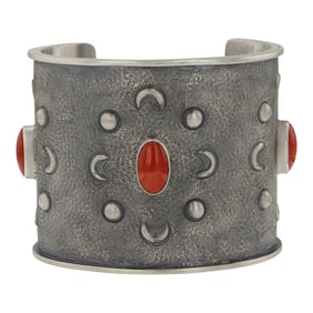 Ray Bennett Master Navajo Silver Mediterranean Coral Large Bump out Cuff Bracelet