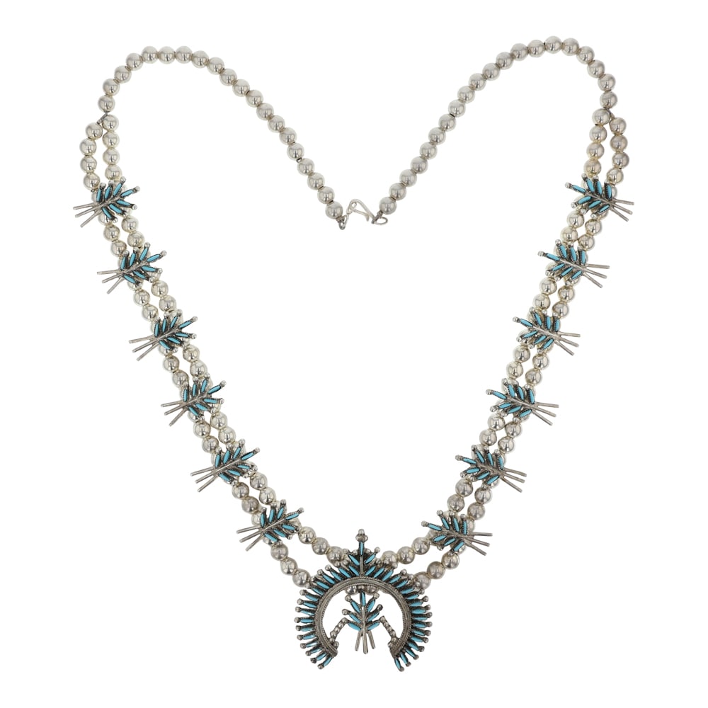Zuni Sleeping Beauty Turquoise Squash Blossom Necklace: Sterling Silver | Genuine Sleeping Beauty Turquoise | Zuni Sleeping Beauty Turquoise Squash Blossom Necklace | Zuni Native American Southwest Indian Jewelry | Good (no breaks or damages) | Approximate