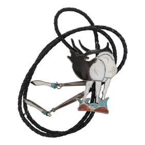 Vintage Zuni Turquoise Coral Mother of Peral & Acoma Jet Inlay Elk Bolo Tie