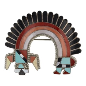 Fadrian & Vivica Bowannie Vintage Zuni Rainbow Man Turquoise Coral Mother of Pearl Acoma Jet & Shell