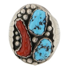 Kevin Yazzie Navajo Turquoise & Coral Men's Ring