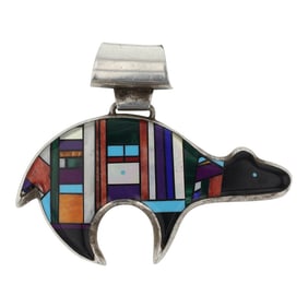 Vintage Zuni Turquoise Lapis Malachite Spiny Oyster & Acoma Jet Inlay Bear Pendant