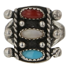 Vintage Navajo Turquoise Coral & Mother of Pearl Ring