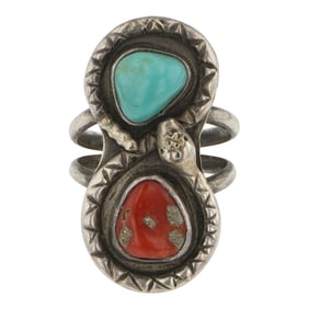 Vintage Zuni Turquoise & Coral Snake Ring
