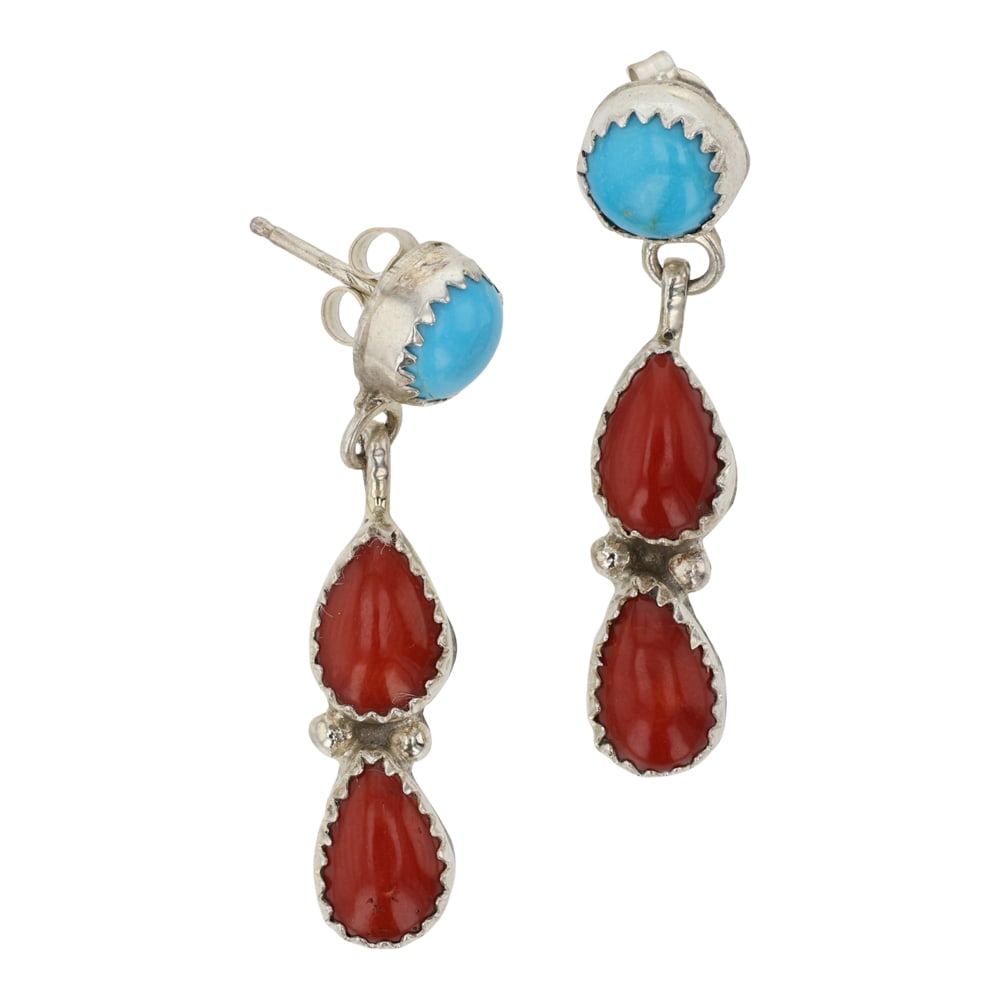 Sam Arviso Navajo Turquoise & Coral Earrings: Sterling Silver | Genuine Turquoise & Coral | Sam Arviso Navajo Turquoise & Coral Earrings | Navajo Native American Southwest Indian Jewelry | Good (no breaks or damages) | Approximate Weight: 4 Grams