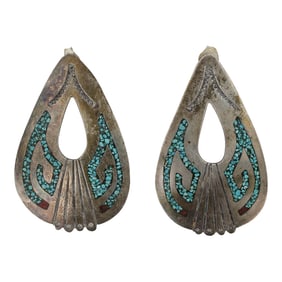 Vintage Navajo Turquoise & Coral Chip Inlay Earrings