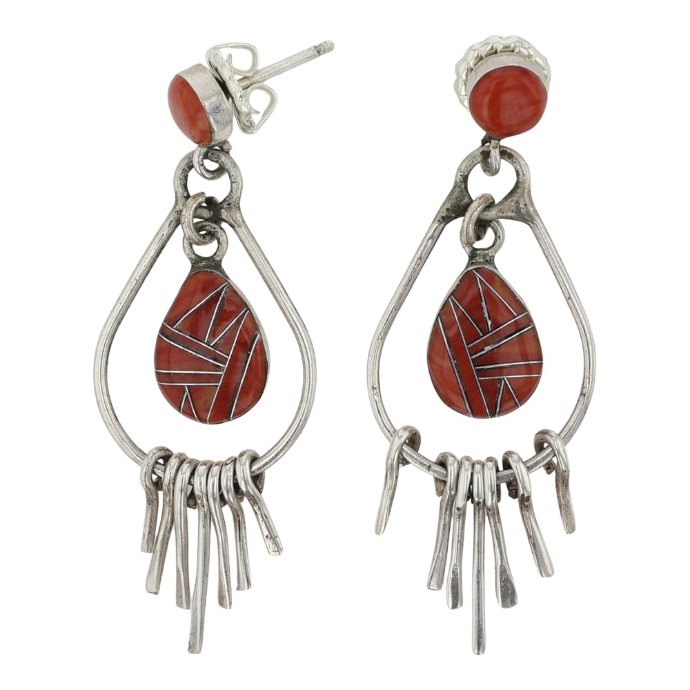 Navajo Spiny Oyster Inlay Chandelier Earrings: Sterling Silver | Genuine Spiny Oyster | Navajo Spiny Oyster Inlay Chandelier Earrings | Navajo Native American Southwest Indian Jewelry | Good (no breaks or damages) | Approximate Weight: 4 Grams | E