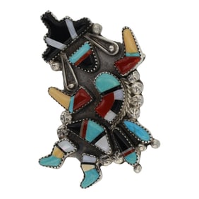 Zuni Turquoise Coral Mother of Pearl & Acoma Jet Inlay Pin