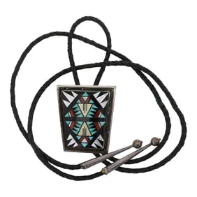 Viola Eriacho Zuni Turquoise Coral Mother of Pearl & Acoma Jet Inlay Bolo Tie