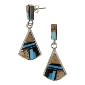 Navajo Turquoise Acoma Jet & Picture Jasper Inlay Earrings