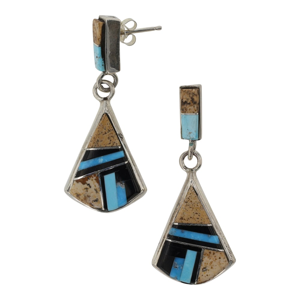 Navajo Turquoise Acoma Jet & Picture Jasper Inlay Earrings: Sterling Silver | Genuine Turquoise, Acoma Jet & Picture Jasper | Navajo Turquoise Acoma Jet & Picture Jasper Inlay Earrings | Navajo Native American Southwest Indian Jewelry | Good (no breaks or dama