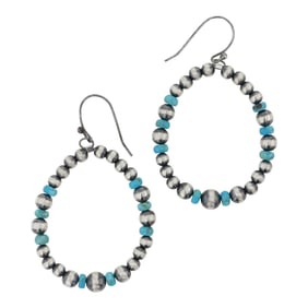 Navajo Oxidized Beads Kingman Turquoise Hoop Earrings
