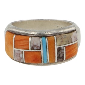 Navajo Turquoise Spiny Oyster & Wildhorse Inlay Ring
