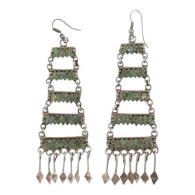 Vintage Zuni Nevada Turquoise Inlay Chandelier Earrings