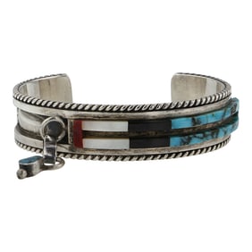 Harry Bert Navajo & Hopi Artist Turquoise Coral Acoma Jet & Mother of Pearl Inlay Bracelet