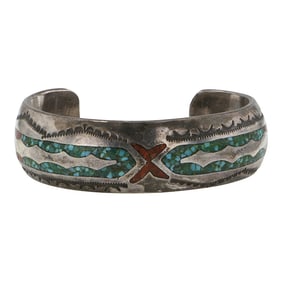 Corbet Joe Vintage Navajo Turquoise & Coral Chip Inlay Bracelet