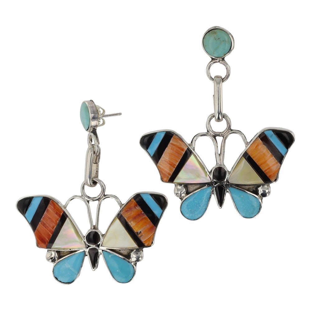 Angus Ahiyite Zuni Turquoise Spiny Oyster Mother of Pearl & Jet Inlay Butterfly Earrings: Sterling Silver | Genuine Turquoise, Spiny Oyster Mother of Pearl & Jet | Angus Ahiyite Zuni Turquoise Spiny Oyster Mother of Pearl & Jet Inlay Butterfly Earrings | Zuni Native American Southwest Indi