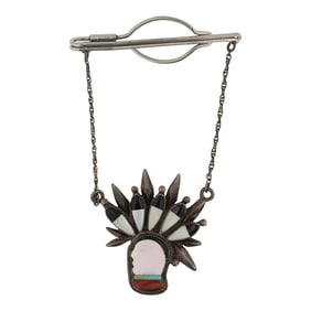 Vintage Zuni Turquoise Coral Mother of Pearl Inlay Tie Pin