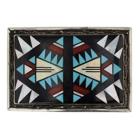 Viola Eriacho Zuni Turquoise Coral Mother of Pearl & Acoma JET Inlay Belt Buckle