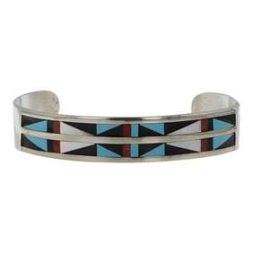 Zuni Turquoise Coral Acoma Jet & Mother of Pearl Inlay Bracelet