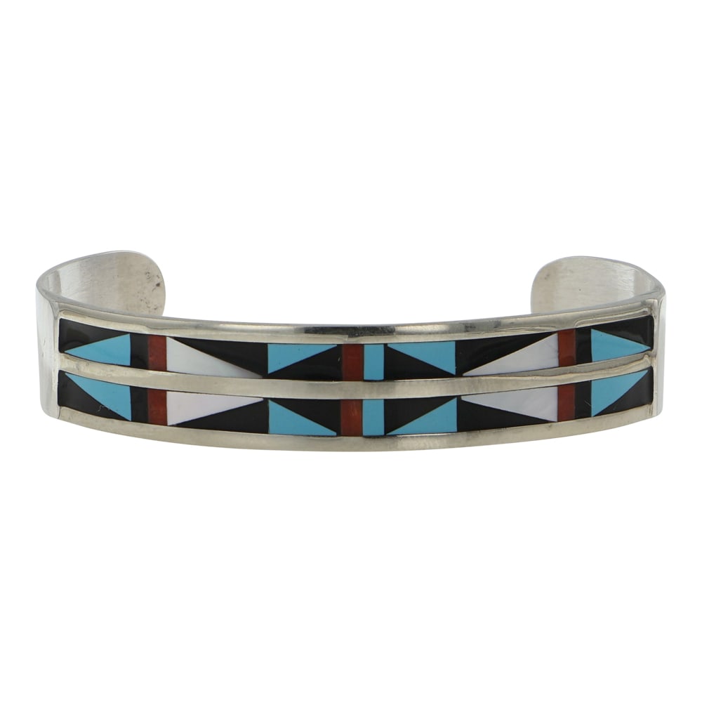 Zuni Turquoise Coral Acoma Jet & Mother of Pearl Inlay Bracelet: Sterling Silver | Genuine Turquoise, Coral, Acoma Jet & Mother of Pearl | Zuni Turquoise Coral Acoma Jet & Mother of Pearl Inlay Bracelet | Zuni Native American Southwest Indian Jewelry | Good (no bre