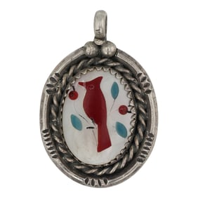 Vintage Zuni Turquoise Coral & Mother of Pearl Small Bird Pendant