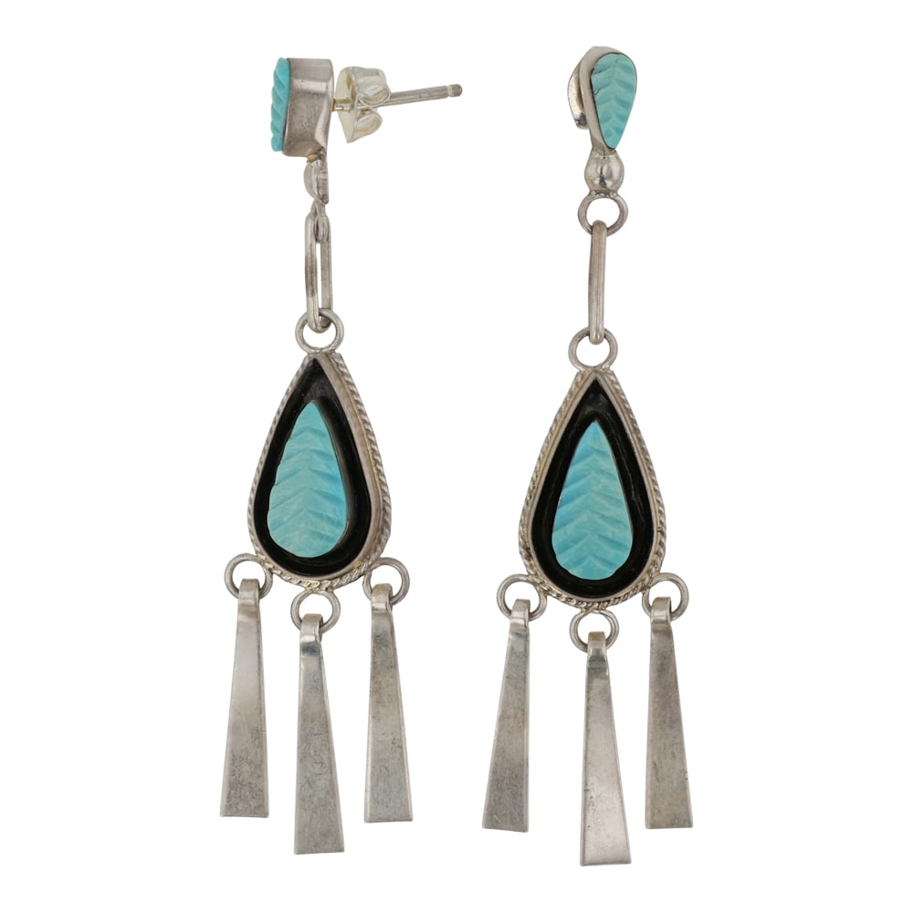 Zuni Sleeping Beauty Turquoise Carved Earrings: Sterling Silver | Genuine Sleeping Beauty Turquoise | Zuni Sleeping Beauty Turquoise Carved Earrings | Zuni Native American Southwest Indian Jewelry | Good (no breaks or damages) | Approximate Weight:
