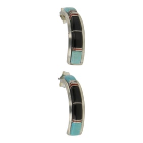 Zuni Turquoise Coral & Jet Inlay Earrings