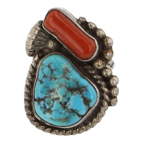 Vintage Navajo Turquoise & Coral Ring