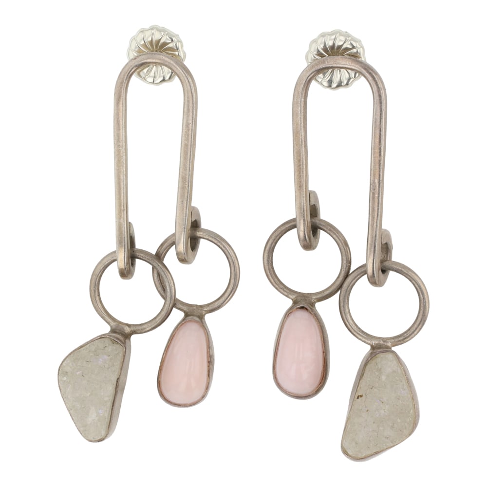 Lilly Barrack Southwest Shop Pin Shell & Quartz Earrings: Sterling Silver | Genuine Pink Shell & Quartz | Lilly Barrack Southwest Shop Pin Shell & Quartz Earrings | Southwest Shop Designer Jewelry | Good (no breaks or damages) | Approximate Weight: 10 Grams