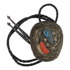 Vintage Robert Leekity Navajo Morenci Turquoise & Mediterranean Coral Bolo Tie