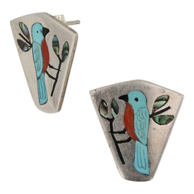Edaakie Zuni Turquoise Coral & Shell Inlay Bird Earrings
