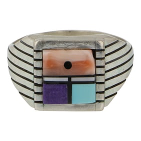 Navajo Turquoise Charoite Mother of Pearl & Pink Coral inlay Ring