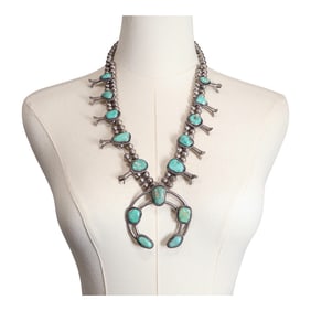 Vintage Navajo 1970's Nevada Turquoise Squash Blossom Necklace