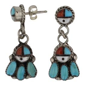 Vintage Zuni Turquoise Coral & Mother of Pearl Inlay Earrings
