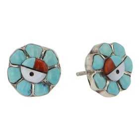 Zuni Turquoise Coral & Mother of Pearl Inlay Earrings