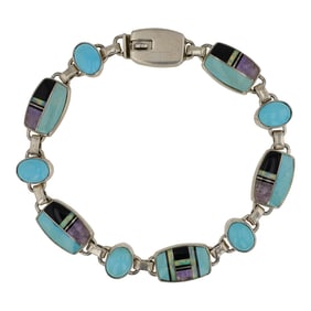 Sheila Tso Navajo Turquoise Acoma Jet Charoite & Synthetic Opal Inlay Link Bracelet