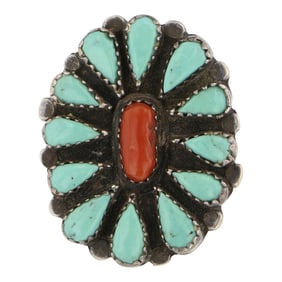 Vintage Navajo Turquoise & Coral Cluster Ring