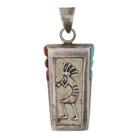 Leonard Jim Navajo Turquoise & Coral Inlay Kokopelli Pendant