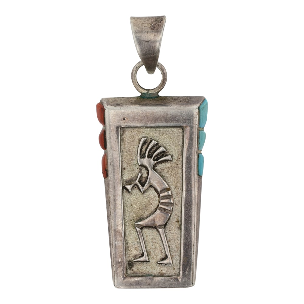 Leonard Jim Navajo Turquoise & Coral Inlay Kokopelli Pendant: Sterling Silver | Genuine Turquoise & Coral | Leonard Jim Navajo Turquoise & Coral Inlay Kokopelli Pendant | Navajo Native American Southwest Indian Jewelry | Good (no breaks or damages) | Approximate