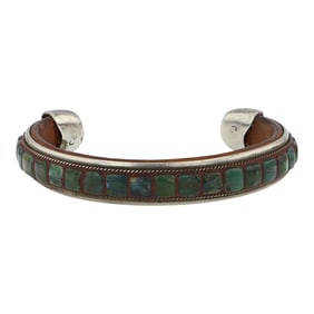 Charlie Favour Southwest Anglo Arist Nevada Turquoise Sterling Silver & Leather cuff