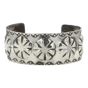 Vintage Navajo Plain Silver Concho Stamp Cuff Bracelet