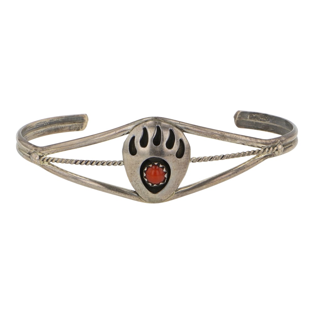 Navajo Coral Bearpaw Bracelet: Sterling Silver | Genuine Coral | Navajo Coral Bearpaw Bracelet | Navajo Native American Southwest Indian Jewelry | Good (no breaks or damages) | Approximate Weight: 6Grams | Bracelet: 5" inner, 1.25"
