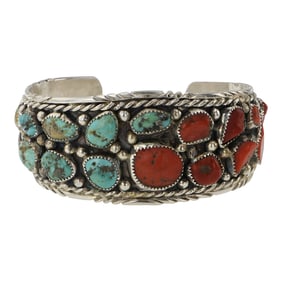 Navajo Turquoise & Coral Cuff Bracelet