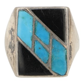 Vintage Navajo Turquoise & Jet Inlay Ring